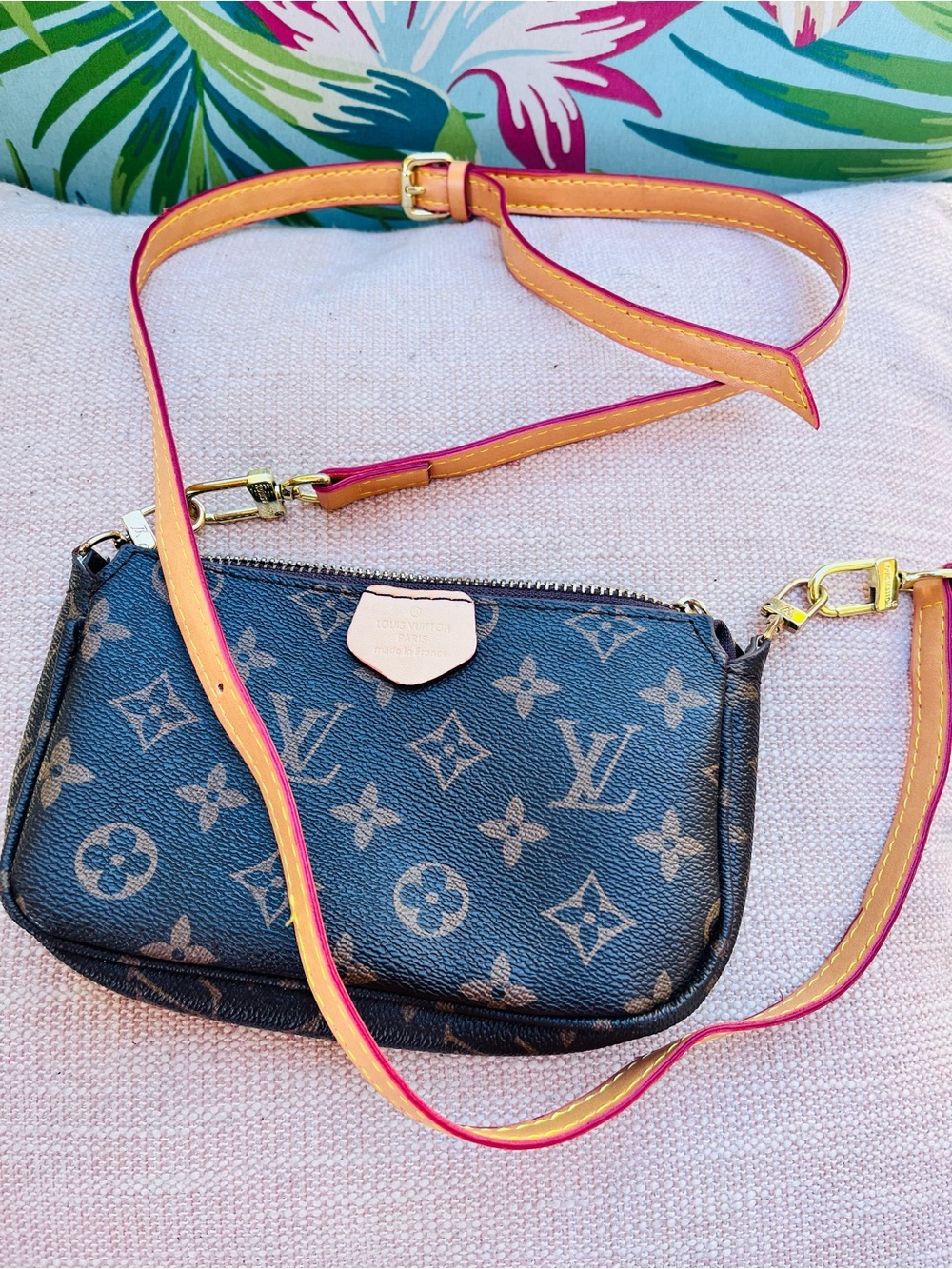 Source Unknown Brown Monogram Crossbody with Pink-Trim Strap